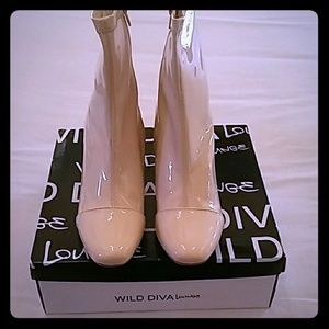 Nude pink, faux patent leather ankle boots